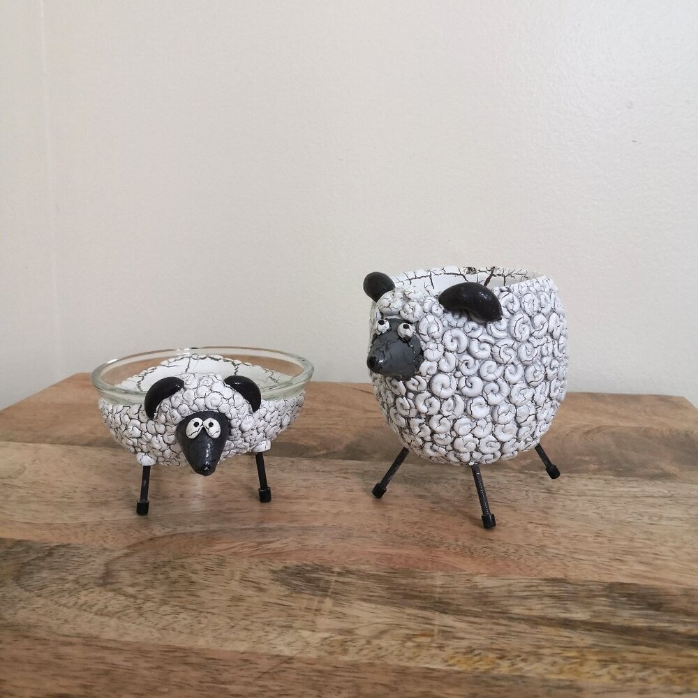 Vintage Woolly Sheep Tealight Candle Holders Farm House Decor Set of‎ 2